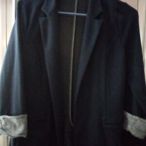 Chic Dark Blue Open Front Blazer with Cuffed Sleeves